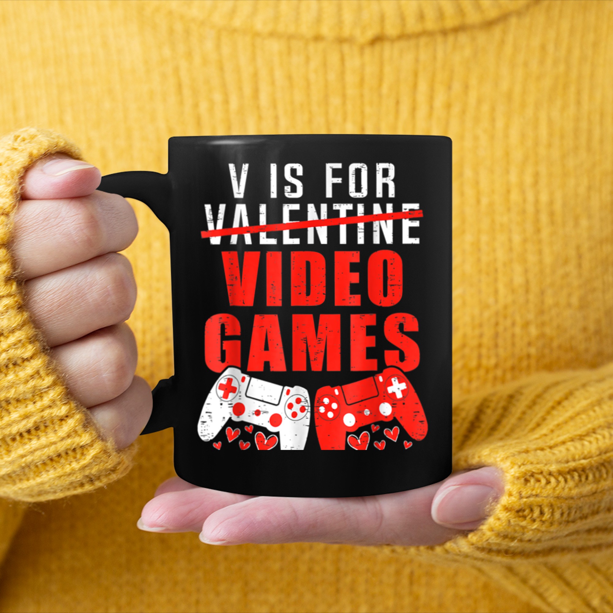 V Is For Video Games Valentines Day Hearts Boys Kids Gaming mug black