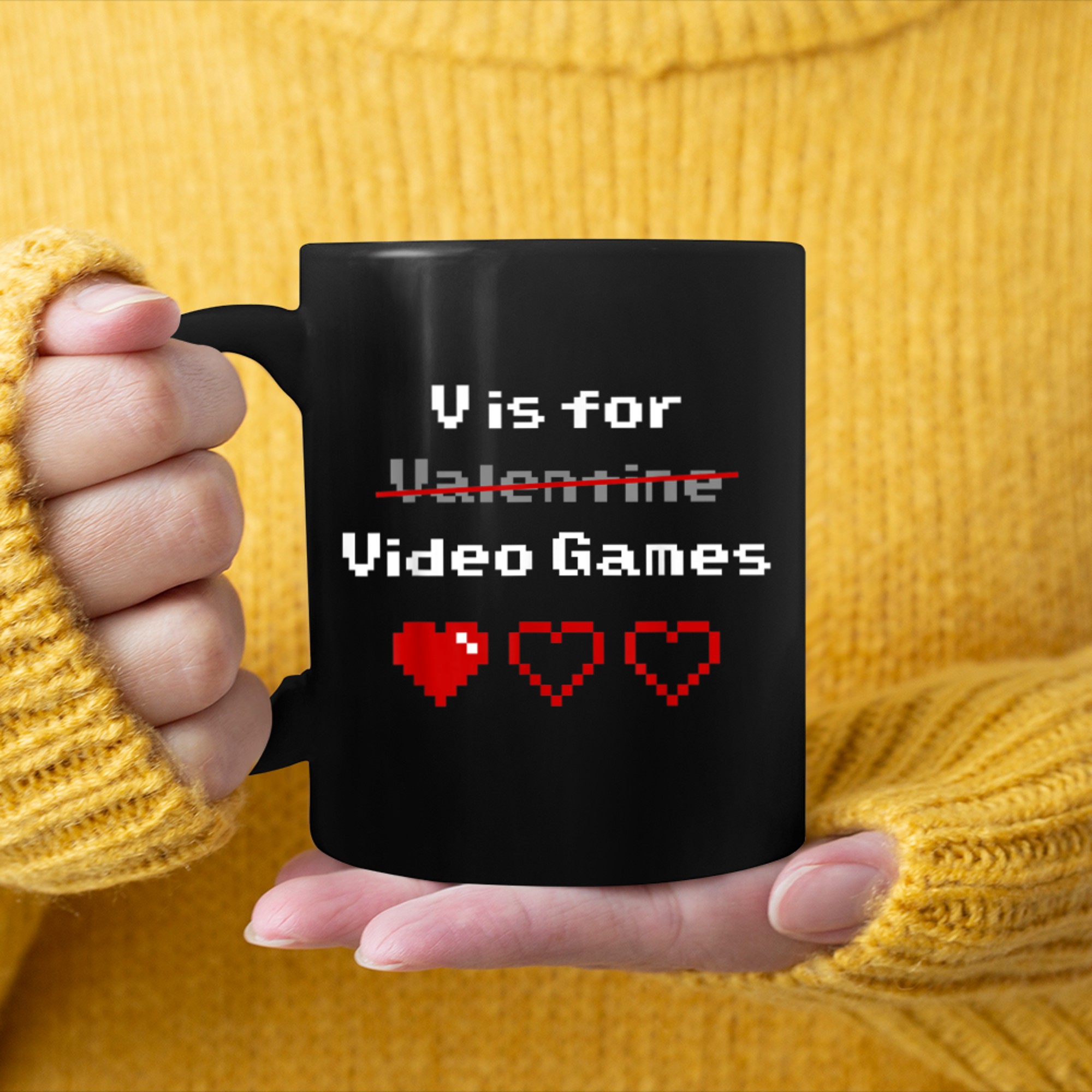 V Is For Video Games Valentines Day Hearts Couple Gamer mug black