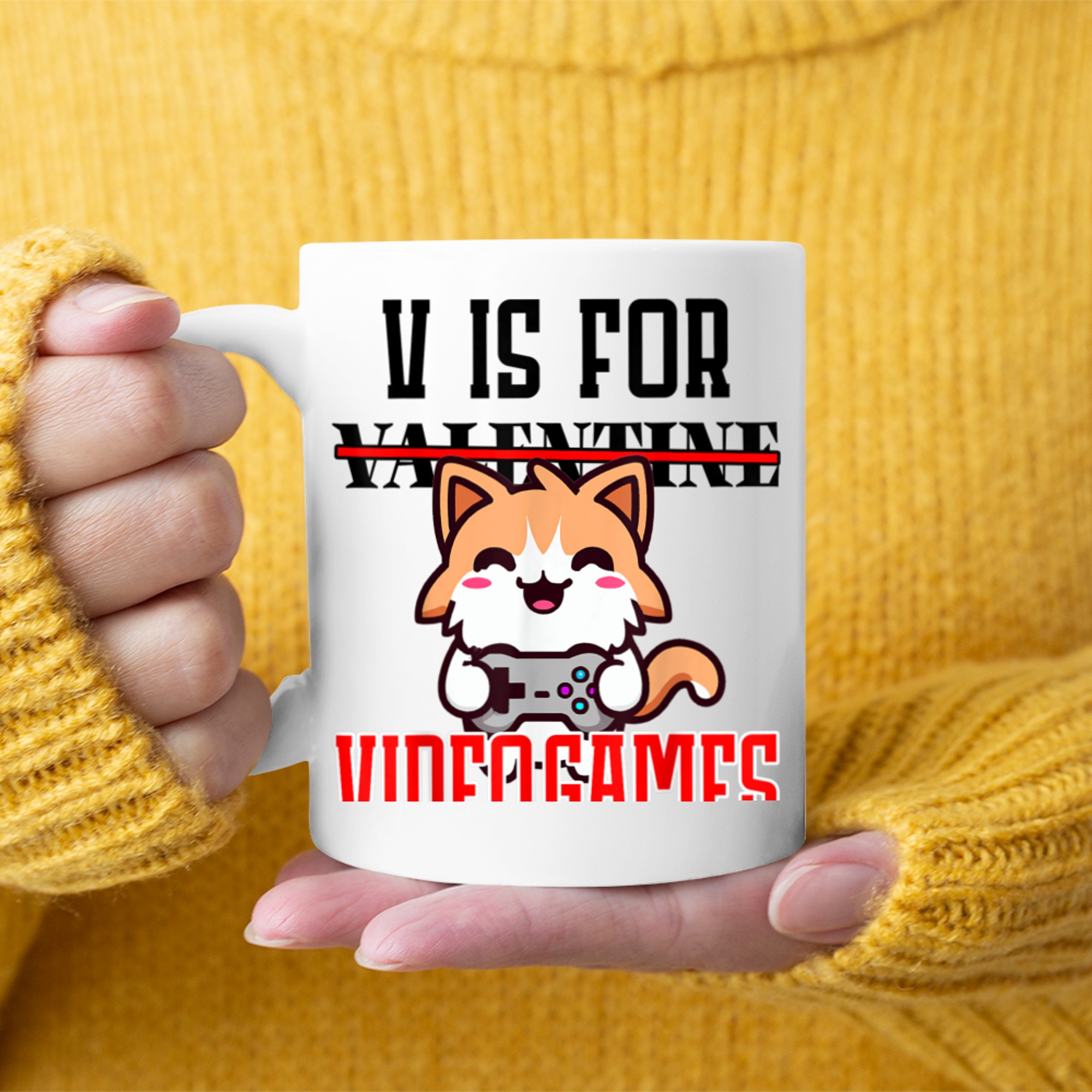 V Is For Video Games Valentines Day Kawaii cat 2023 mug white