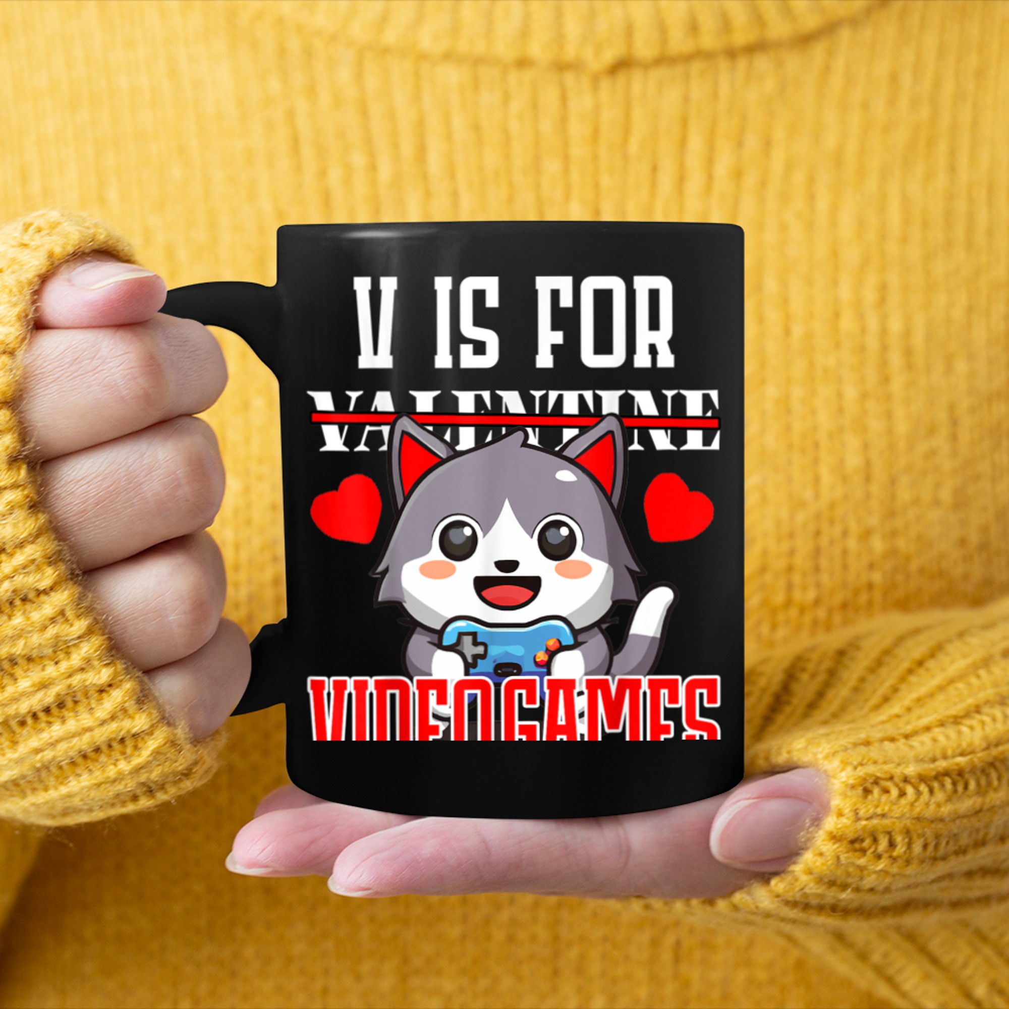 V Is For Video Games Valentines Day Kawaii Gaming cat mug black