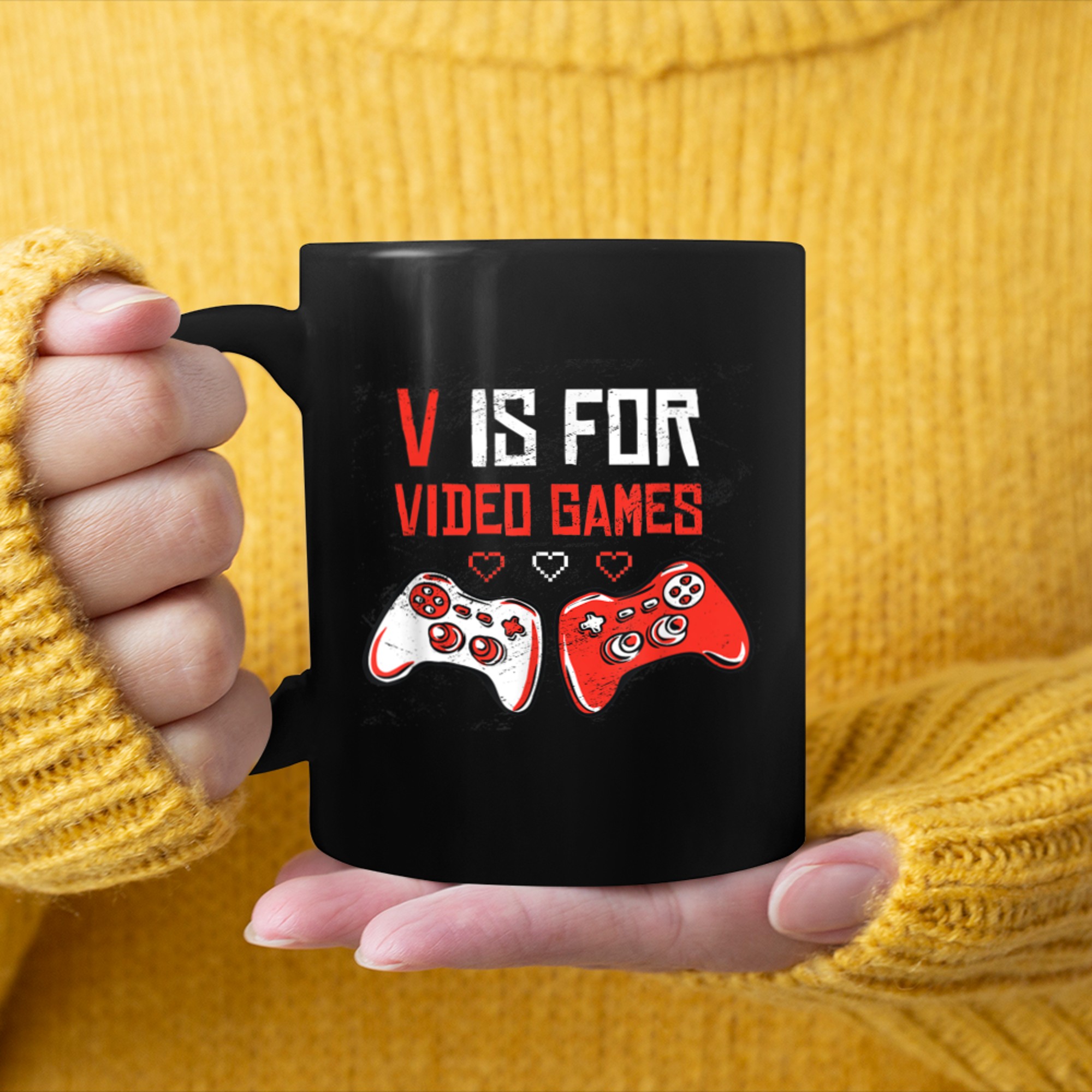 V is for Video Games Valentines Day Quote Gaming Controller mug black