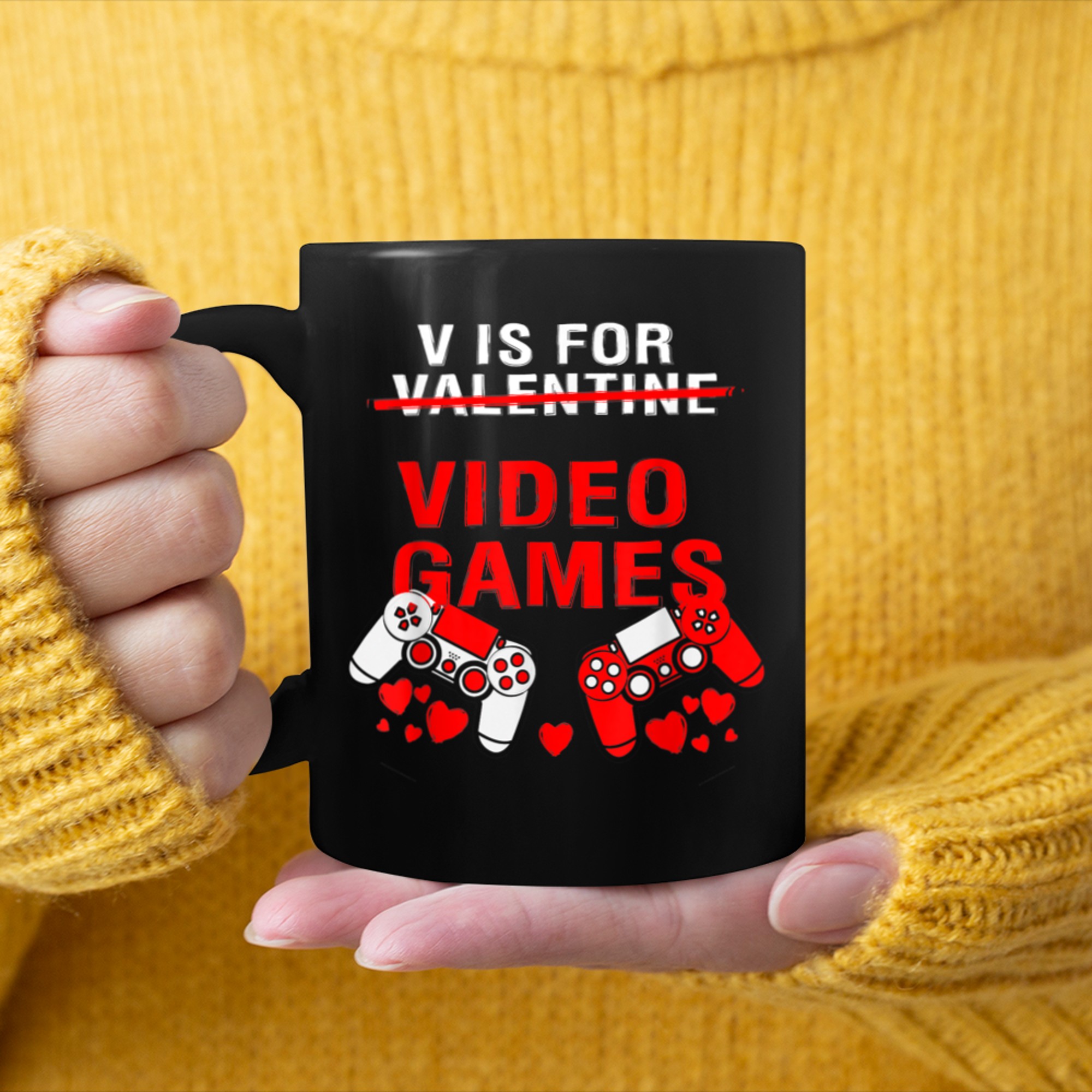 V Is For Video Games Valentines Day Shirt Women Girls Boys mug black