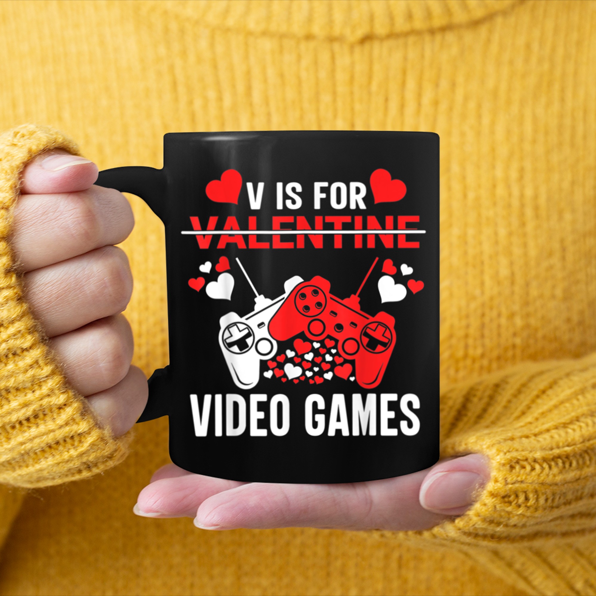 V IS FOR VIDEO GAMES Valentines Day Video Gamer Boy Men (8) mug black