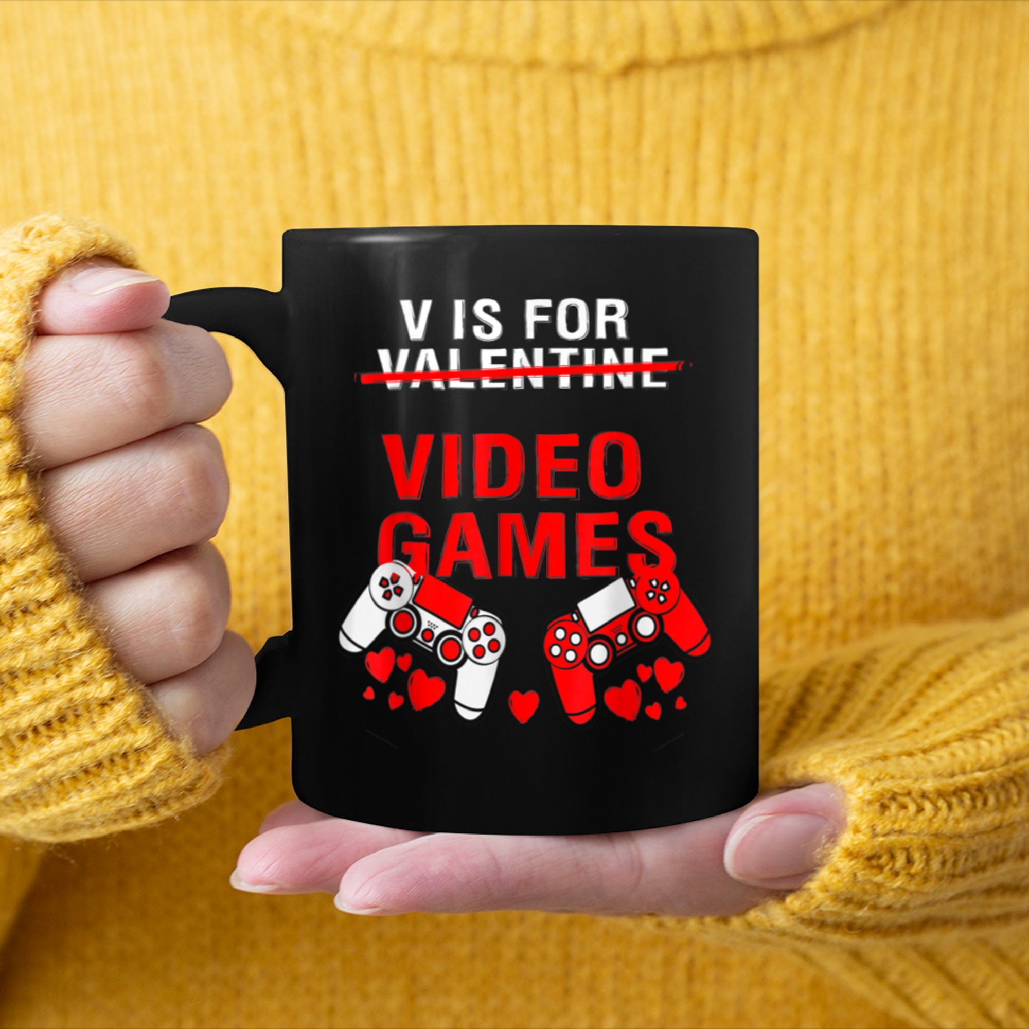 V is for Video Games Valentines Day Women Girls Boy mug black