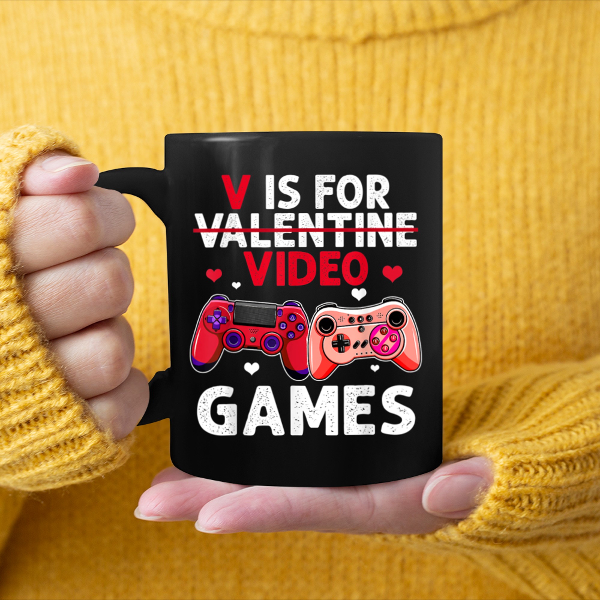 V Is For Video Games Valentines Day Women Girls Boys mug black