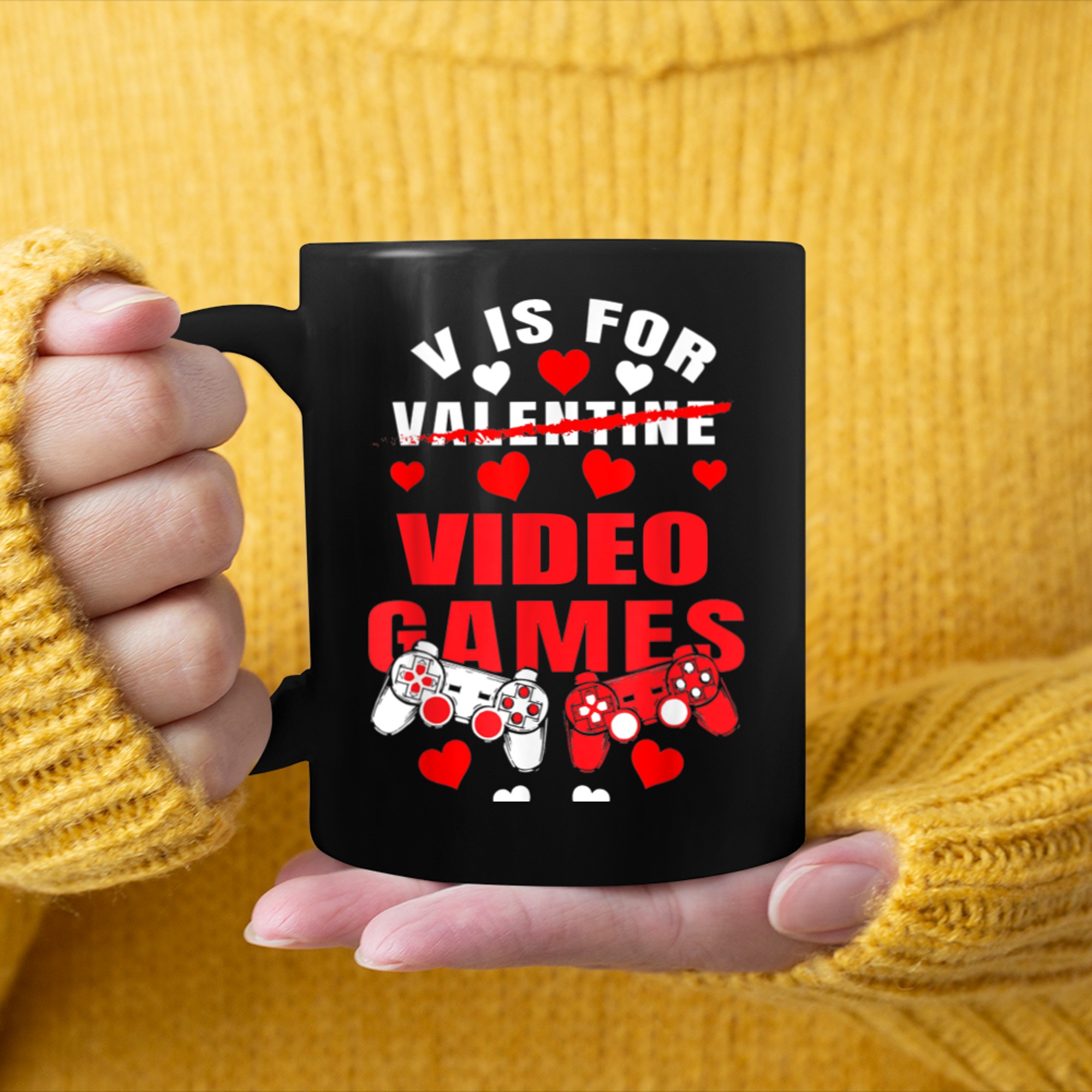 v is for video games valentines gamer funny valentines day mug black