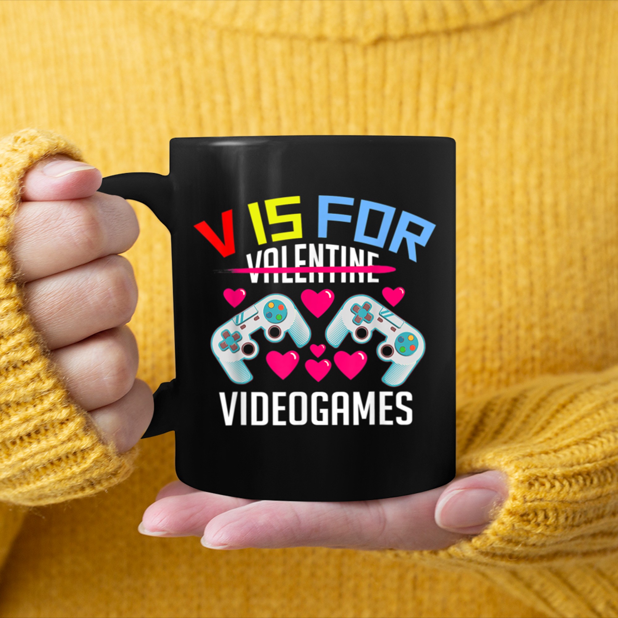 V Is For Video Games Video Games Lover Valentines Day Heart mug black