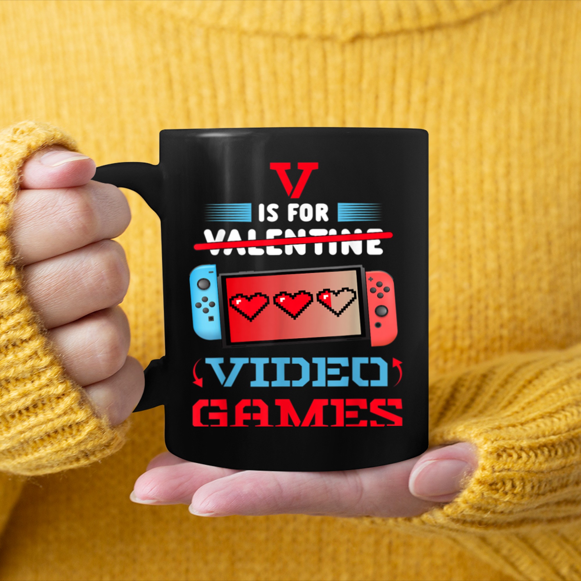 Valentines Day boys kids son V Is For Video Games gamer (11) mug black