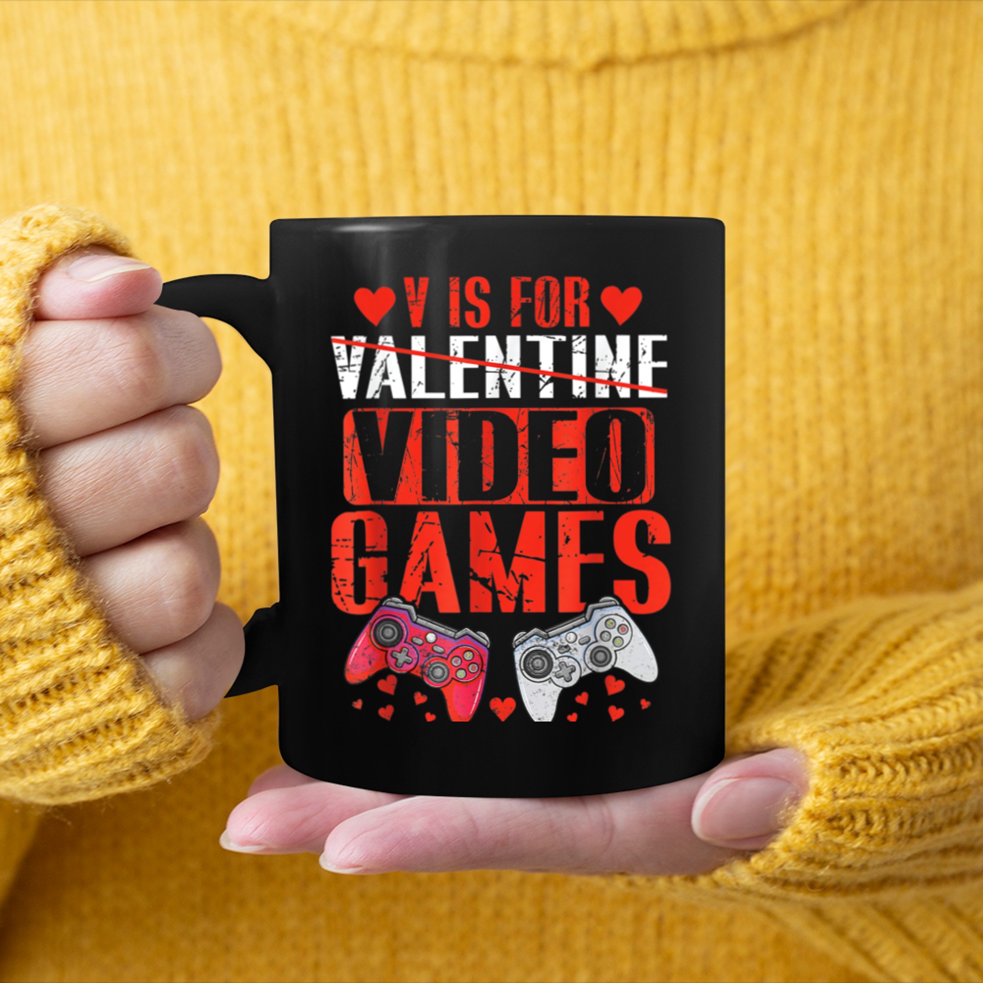 Valentines Day boys kids son V Is For Video Games gamer (2) mug black