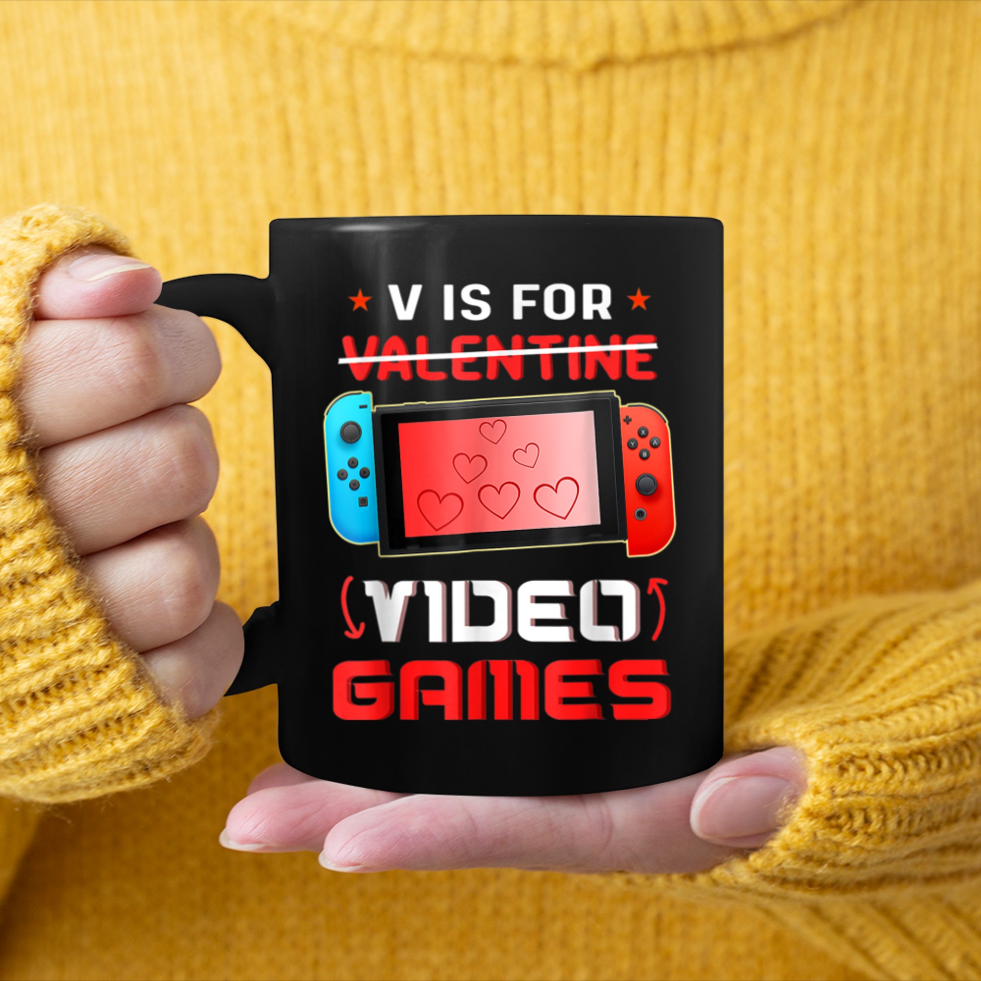 Valentines Day boys kids son V Is For Video Games gamer mug black