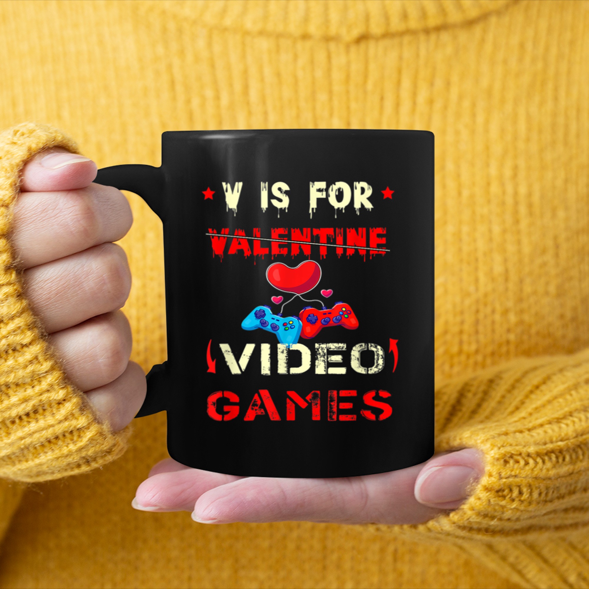 Valentines Day boys kids son V Is For Video Games Red Heart mug black