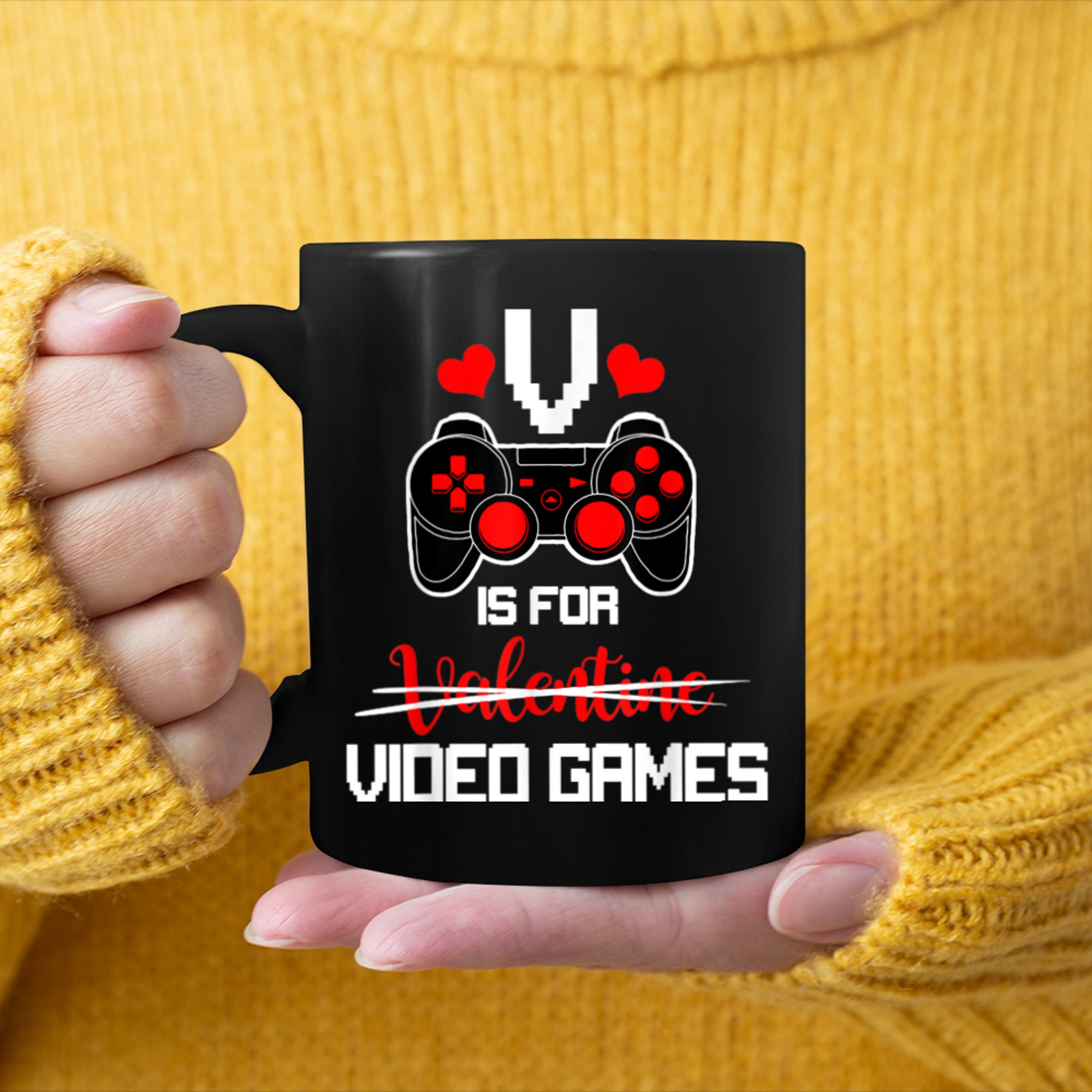 Valentines Day V Is For Video Games Funny Gaming Lover (2) mug black