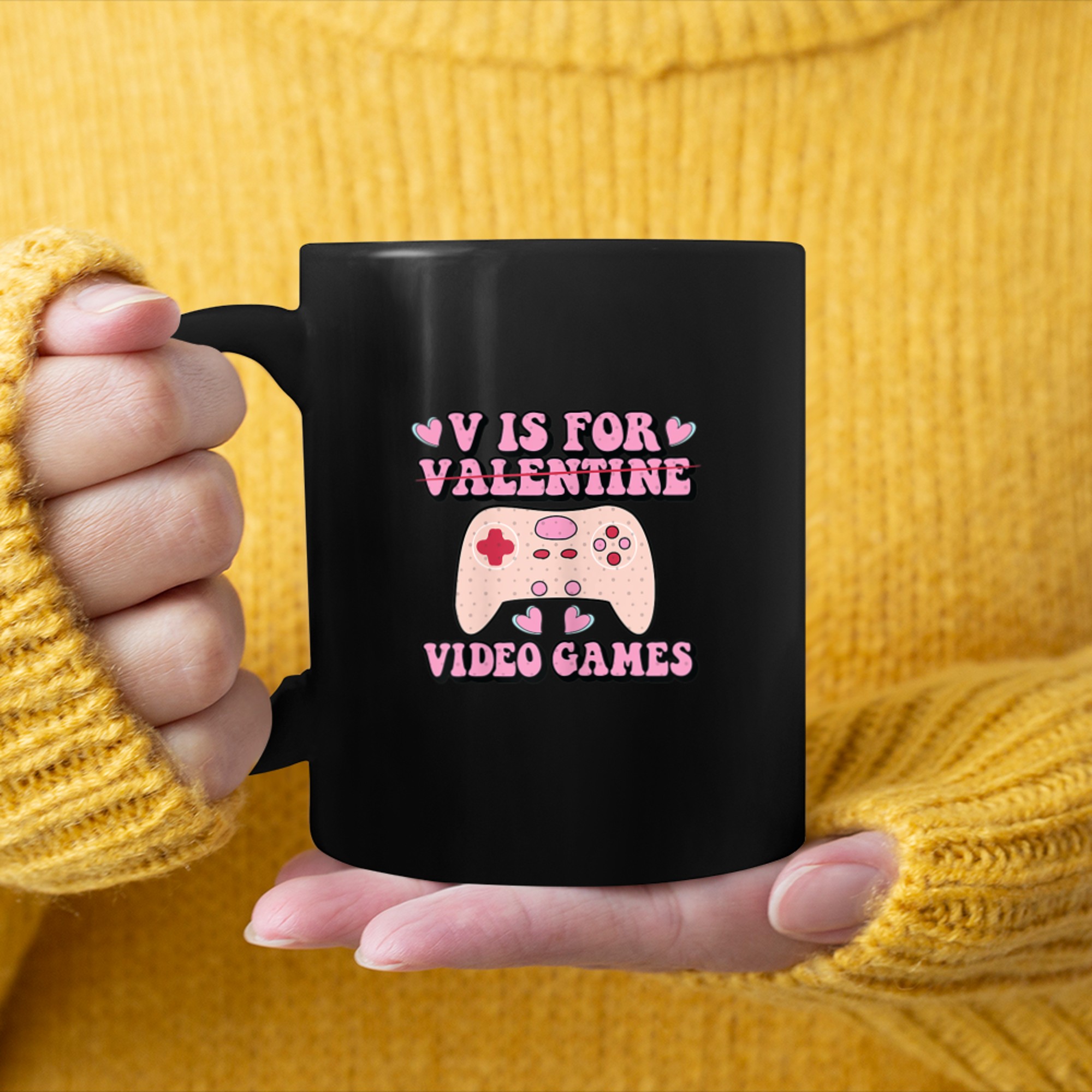 Womens V Is For Video Games Funny Valentines Day Girl Gamer mug black