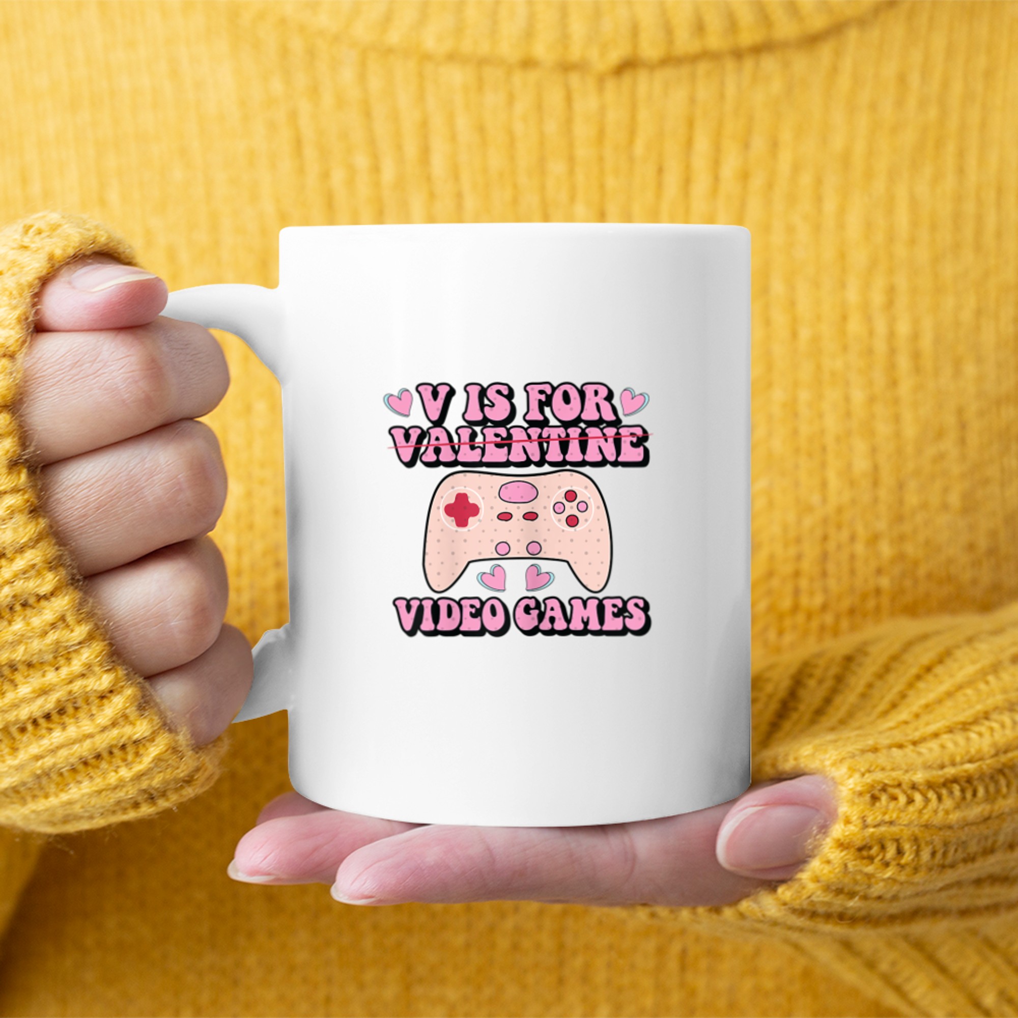 Womens V Is For Video Games Funny Valentines Day Girl Gamer mug white