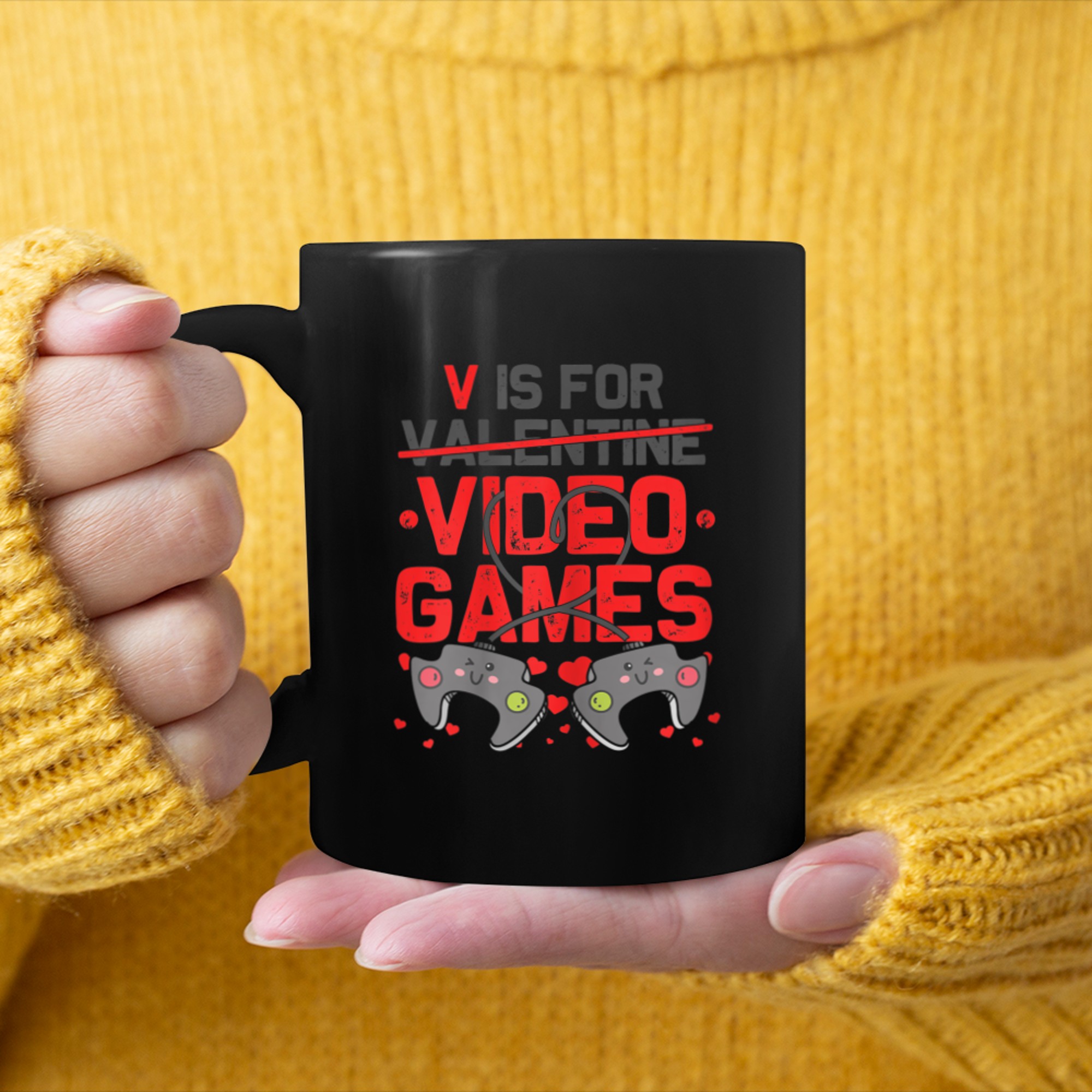 Womens V is for Video Games Valentines Day Young Adult Gamer Women mug black