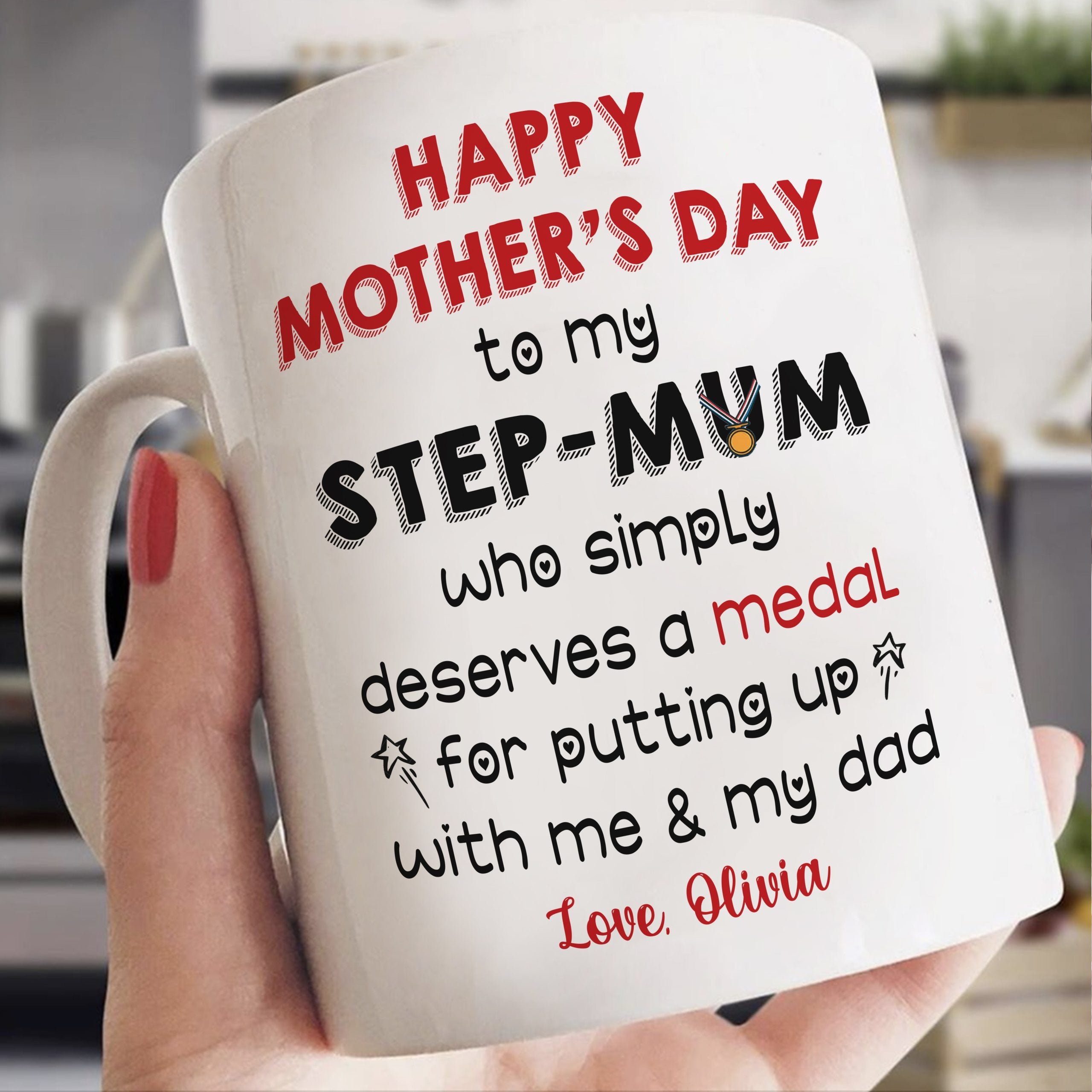 Personalized Mother's Day Gift For Step Mom Medal White Mug