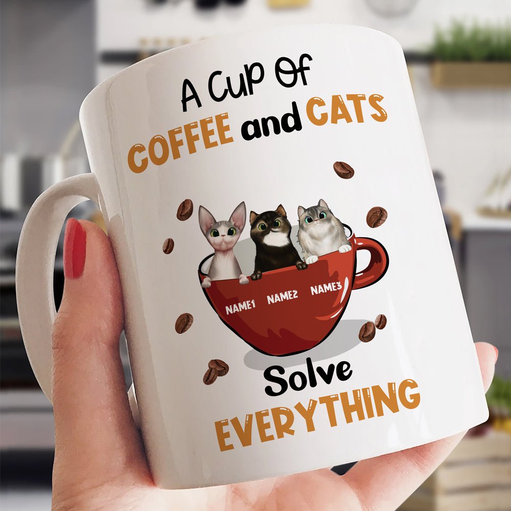 For Cat Mom Coffee and Cats Solve Everything Personalized Mug