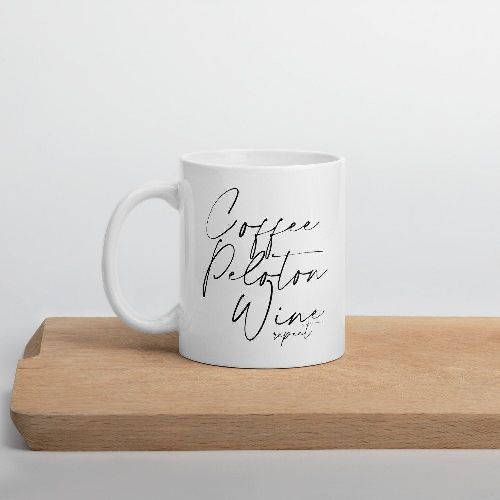 Coffee, peloton, wine, repeat coffee mug