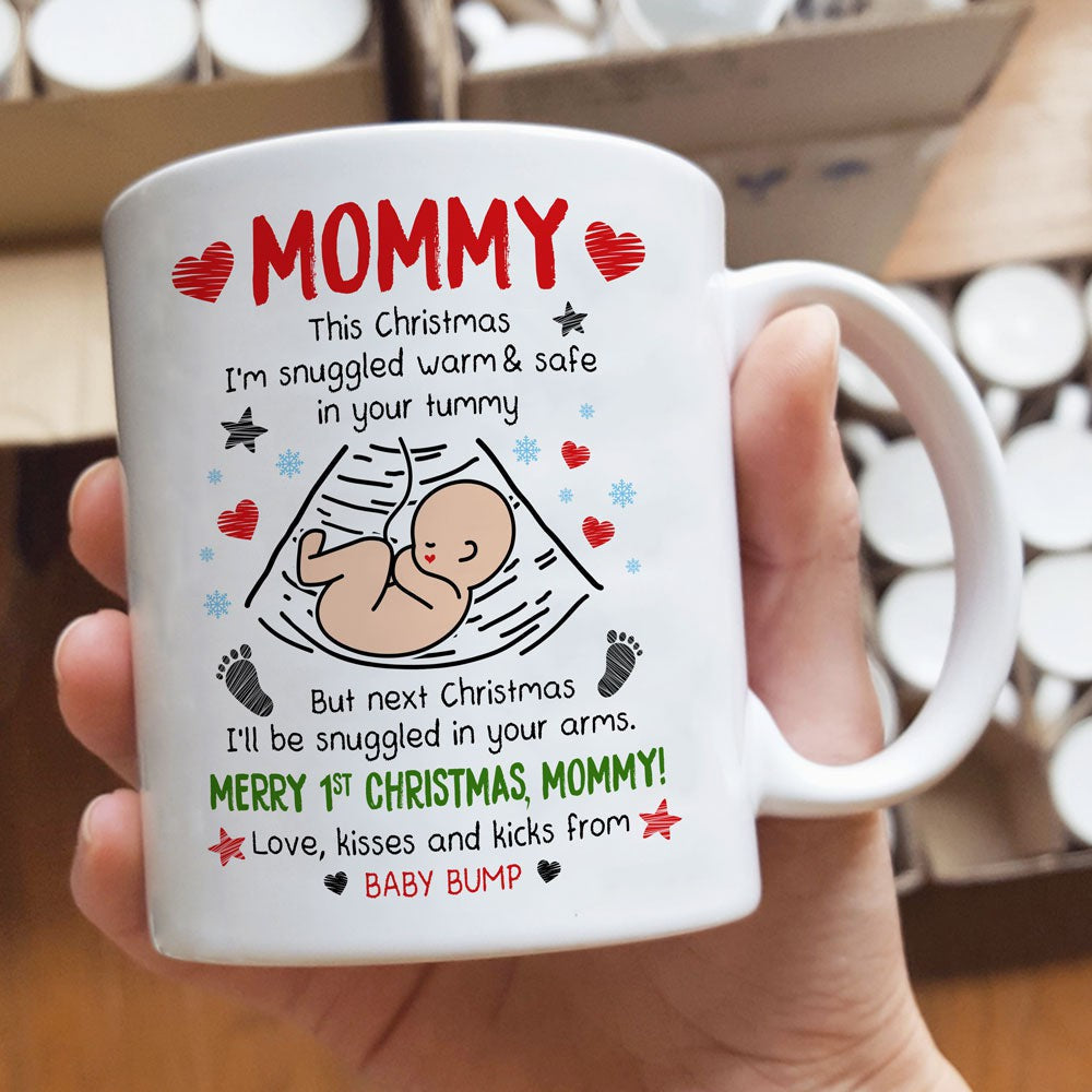 Christmas Gift For Mom To Be Green Red Xmas Snuggled Up Bump Mug