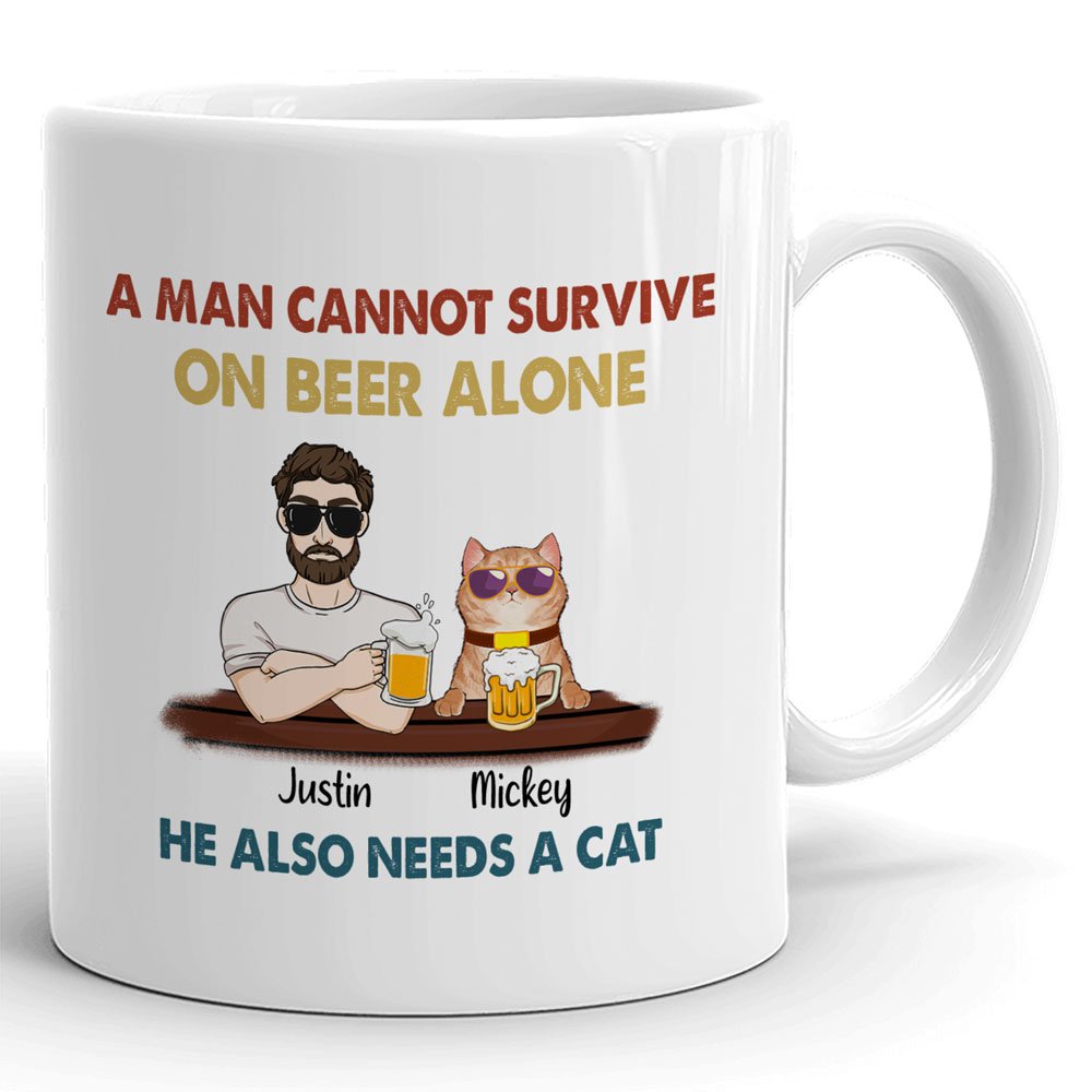 Cat Dad A Man Survive On Beer And Cat Lover Funny Personalized Mug