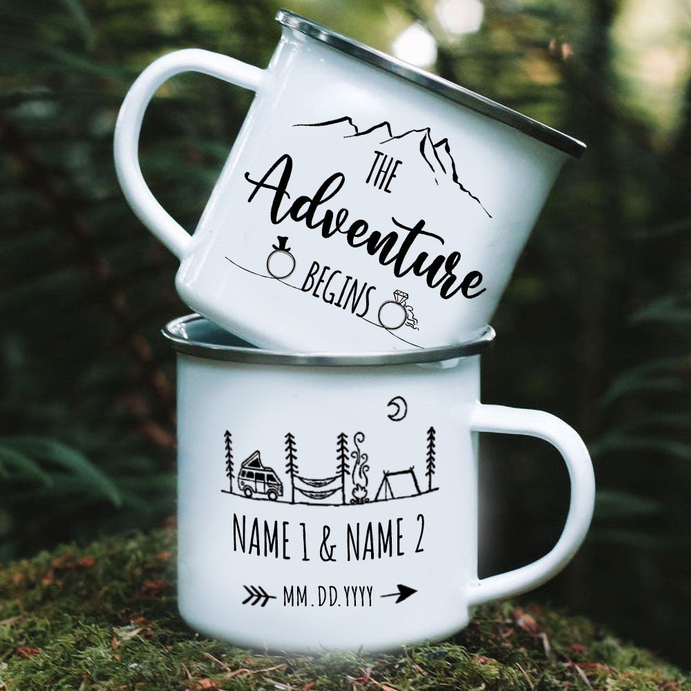 For Newly Wed Engaged Couple Adventure Begins Camping Personalized Mug