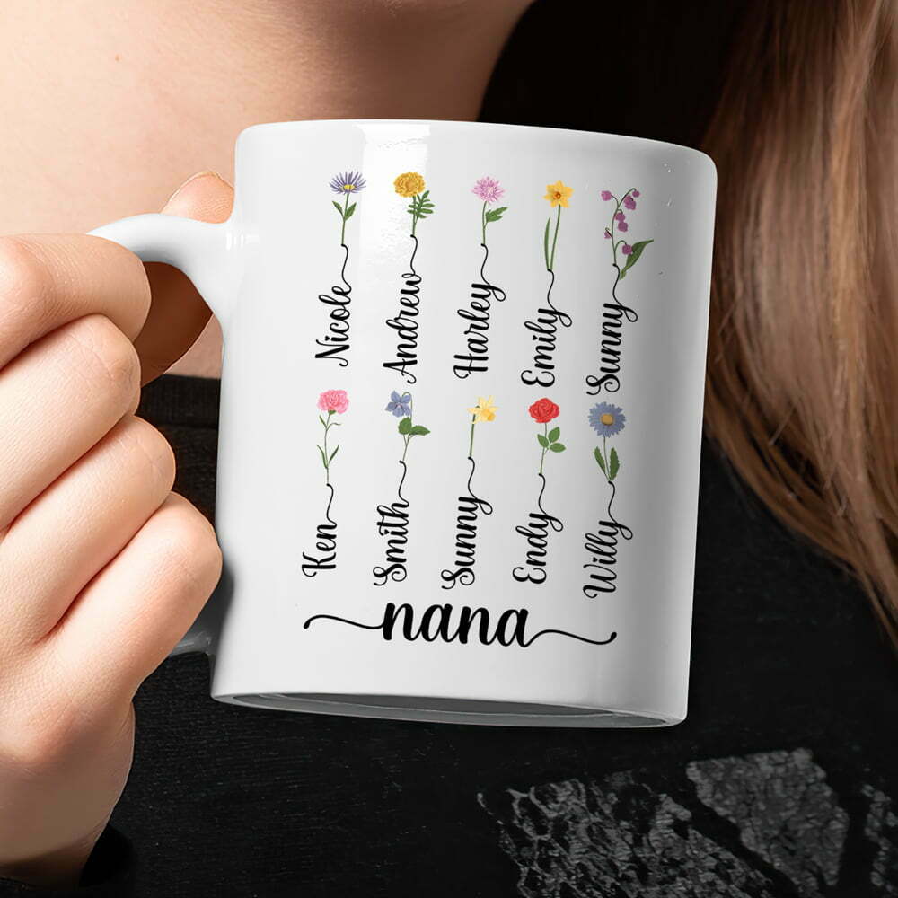 Grandma With Grandkids' Names Flowers Mug Personalized Gift For Grandma