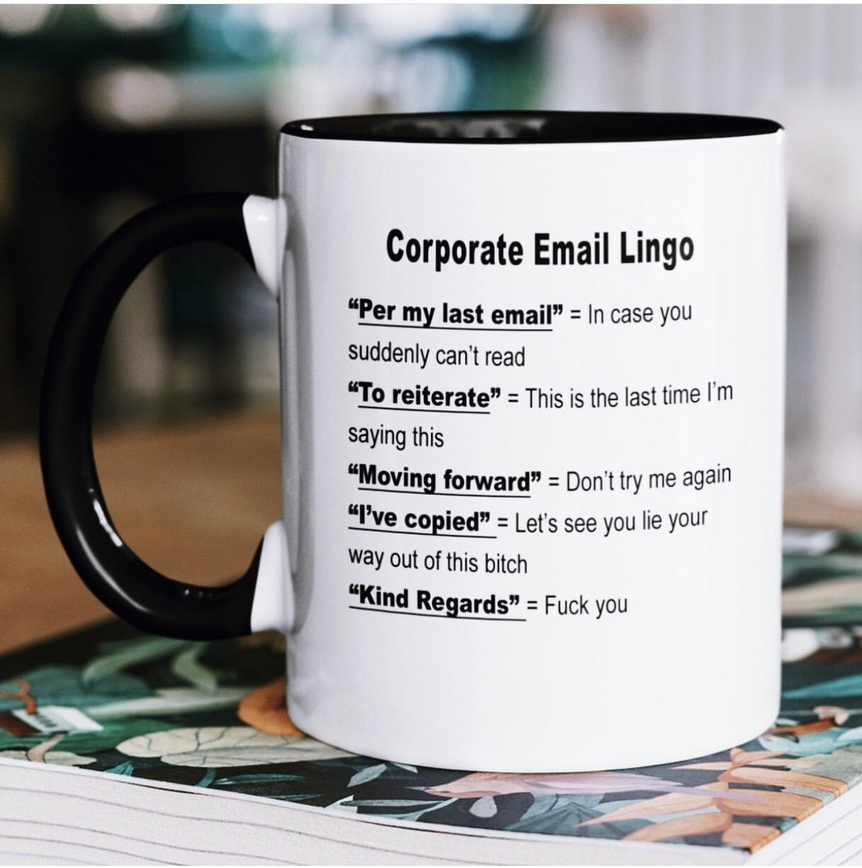 Corporate email lingo funny work mug gift for friend