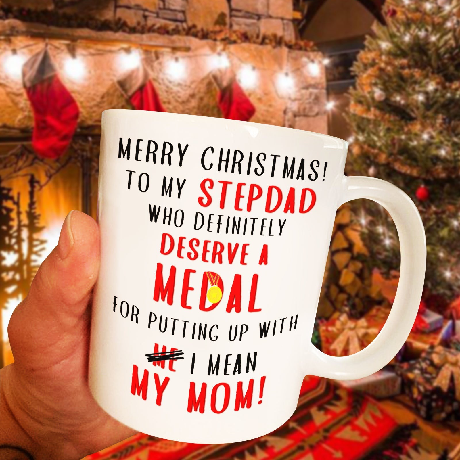 For Stepdad From Stepdaughter Stepson Put Up With My Mom Christmas Mug